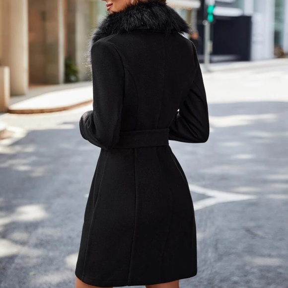 Luxe Vegan Fur Collared Belted Jacket Coat - Picture 4 of 5